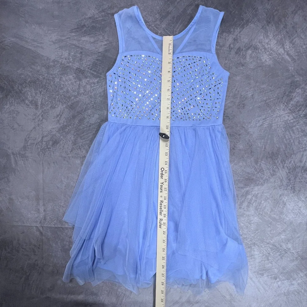 Beautees Tulle Dress Girls 12 Blue Rhinestones Periwinkle Sleeveless Back Zip